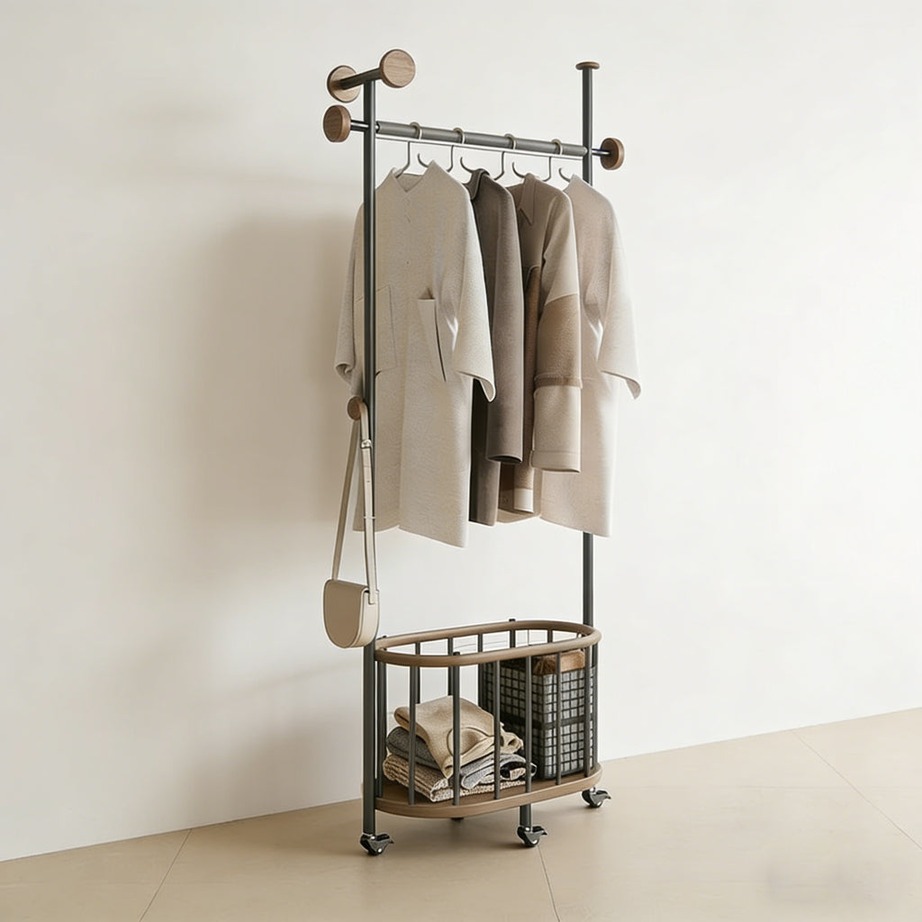 Modern Minimalist Walnut & Steel Rolling Coat Rack