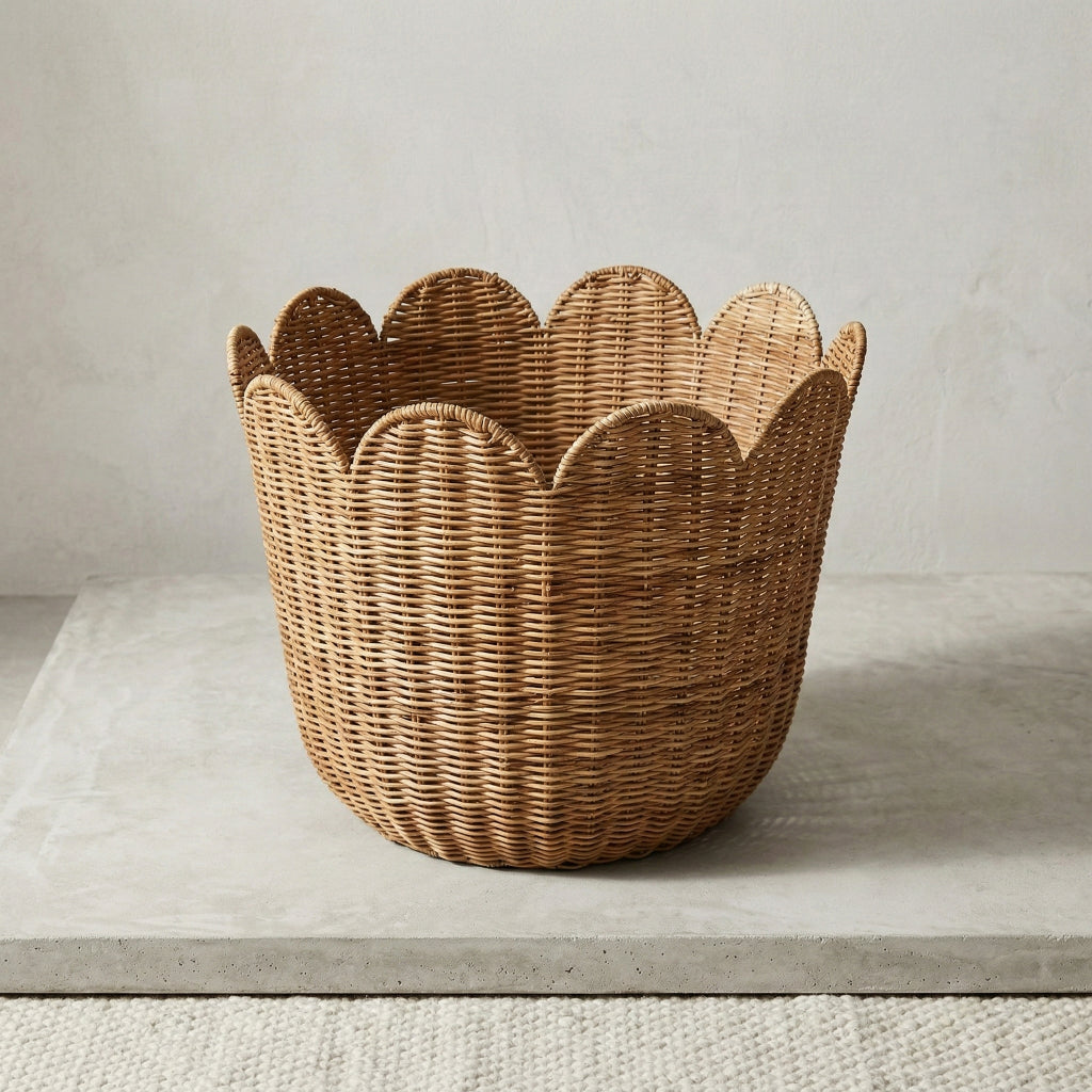 Scalloped Hand-Woven Rattan Basket