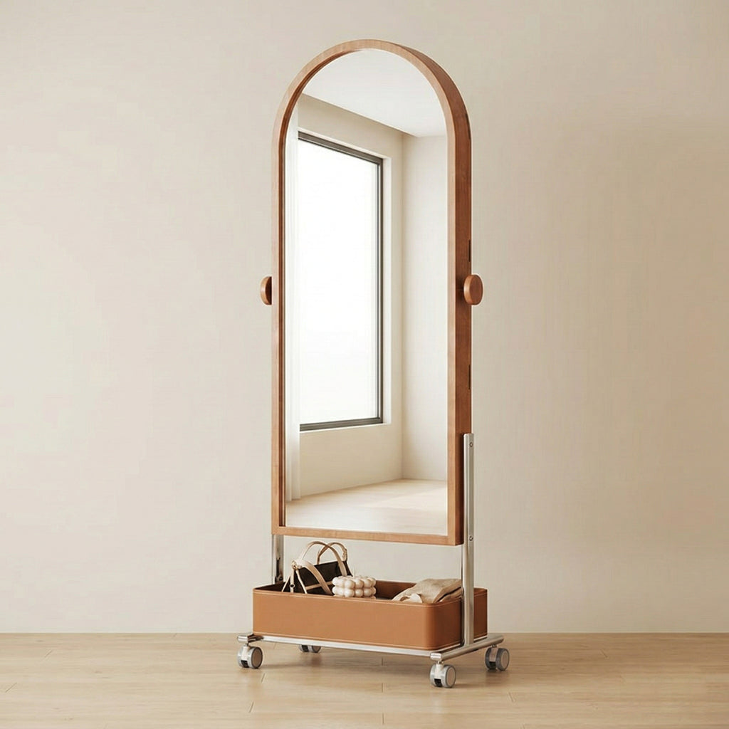 Artisanal Cherry Wood Rotating Full-Length Mirror & Storage Unit