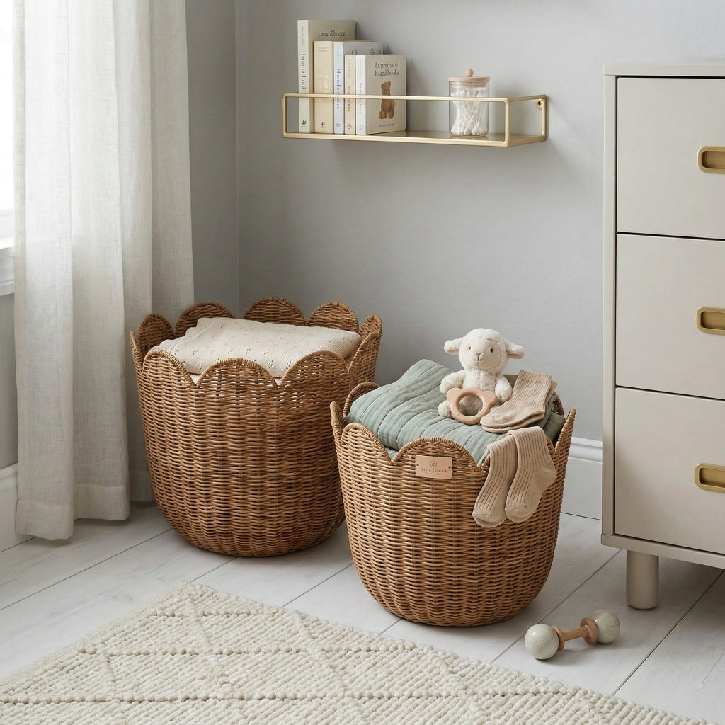 Scalloped Hand-Woven Rattan Basket